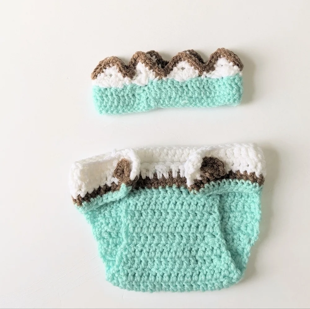 Handmade Matching Crochet Whale Lovey Baby Crib Set in Aqua and Brown-ish/Tan